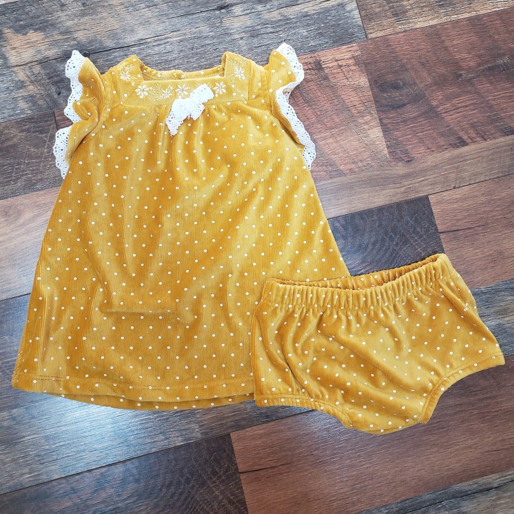 Daisy Fuentes Gold Yellow Polka Dot Sleeveless Dress & Bloomer, Size 6-9 Months
